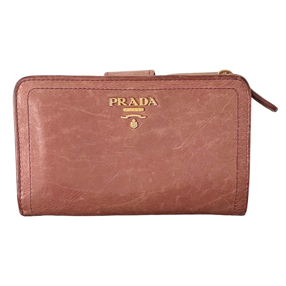 Prada pink glace calf leather medium compact French wallet